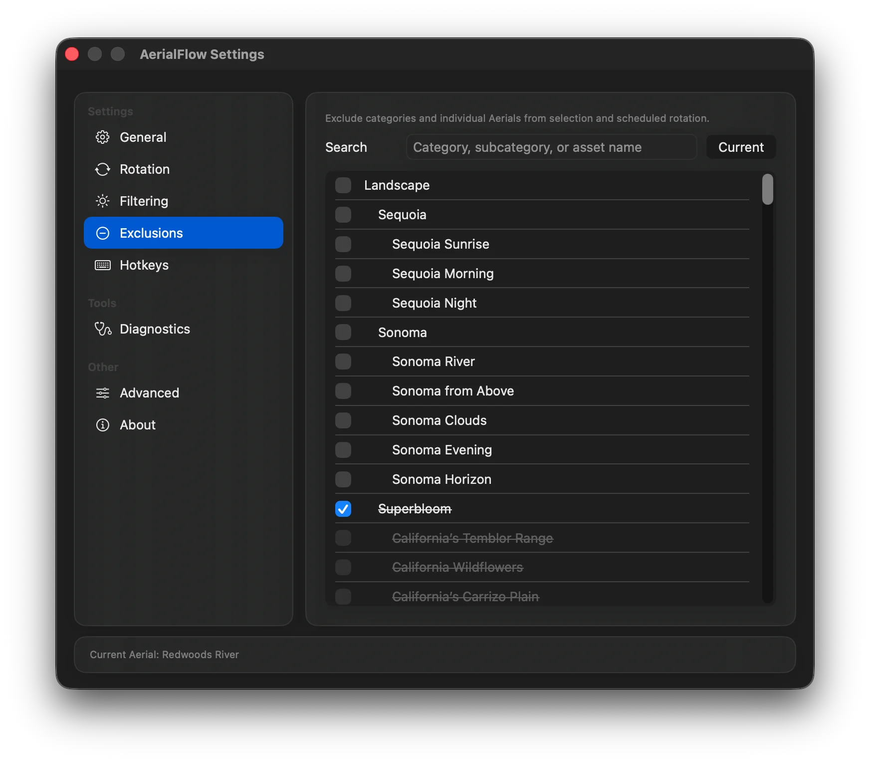 AerialFlow screenshot: Exclusions